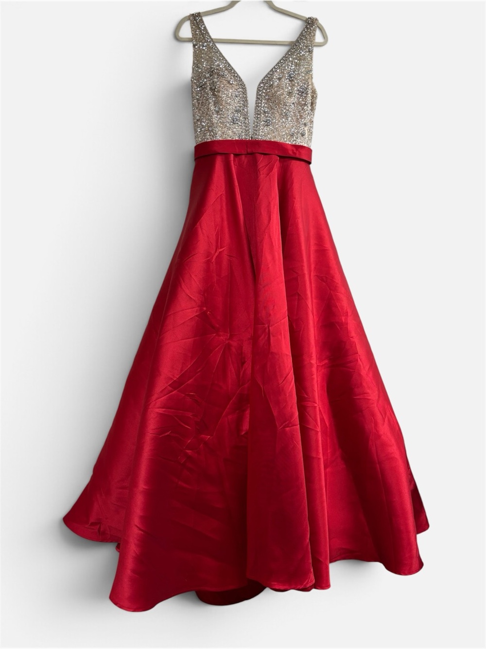 Jovani Red Satin Ball Gown with Silver Sequin Bodice